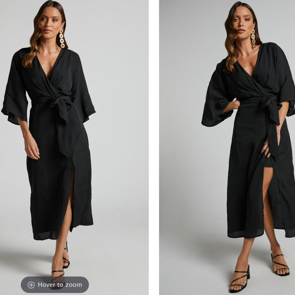Long Sleeve Plunge Wrap Dress - Black - XS